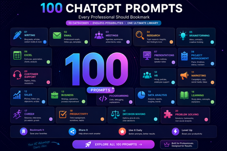 Infographic showing 100 ChatGPT prompts organized into 20 professional categories including writing, email, research, coding, presentations, marketing, HR, productivity, data analysis, and problem solving.