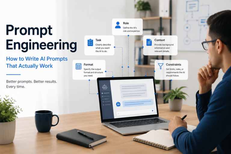 Professional using AI prompt engineering framework to write effective prompts for ChatGPT, Claude, Gemini, and Microsoft Copilot.