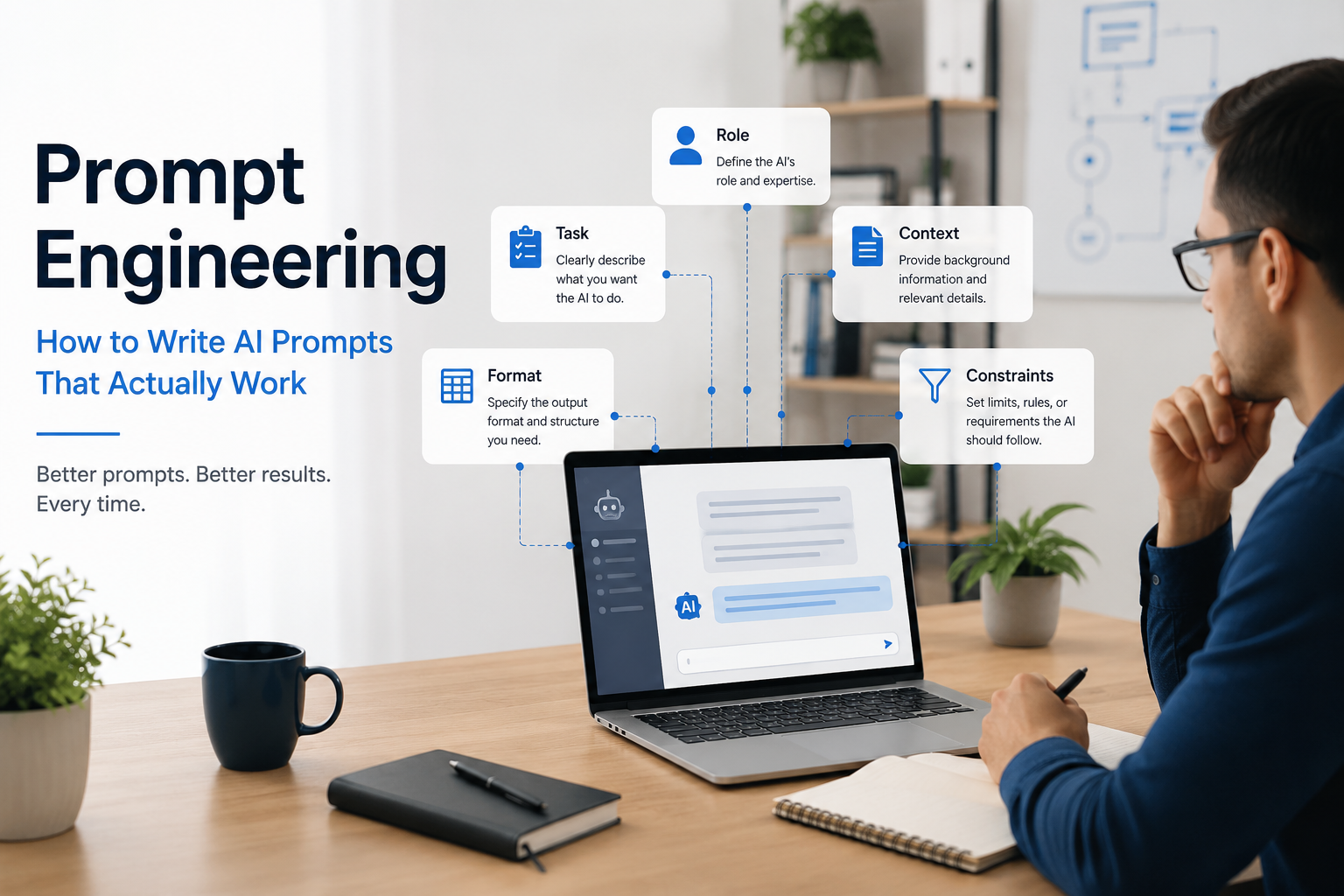 Professional using AI prompt engineering framework to write effective prompts for ChatGPT, Claude, Gemini, and Microsoft Copilot.