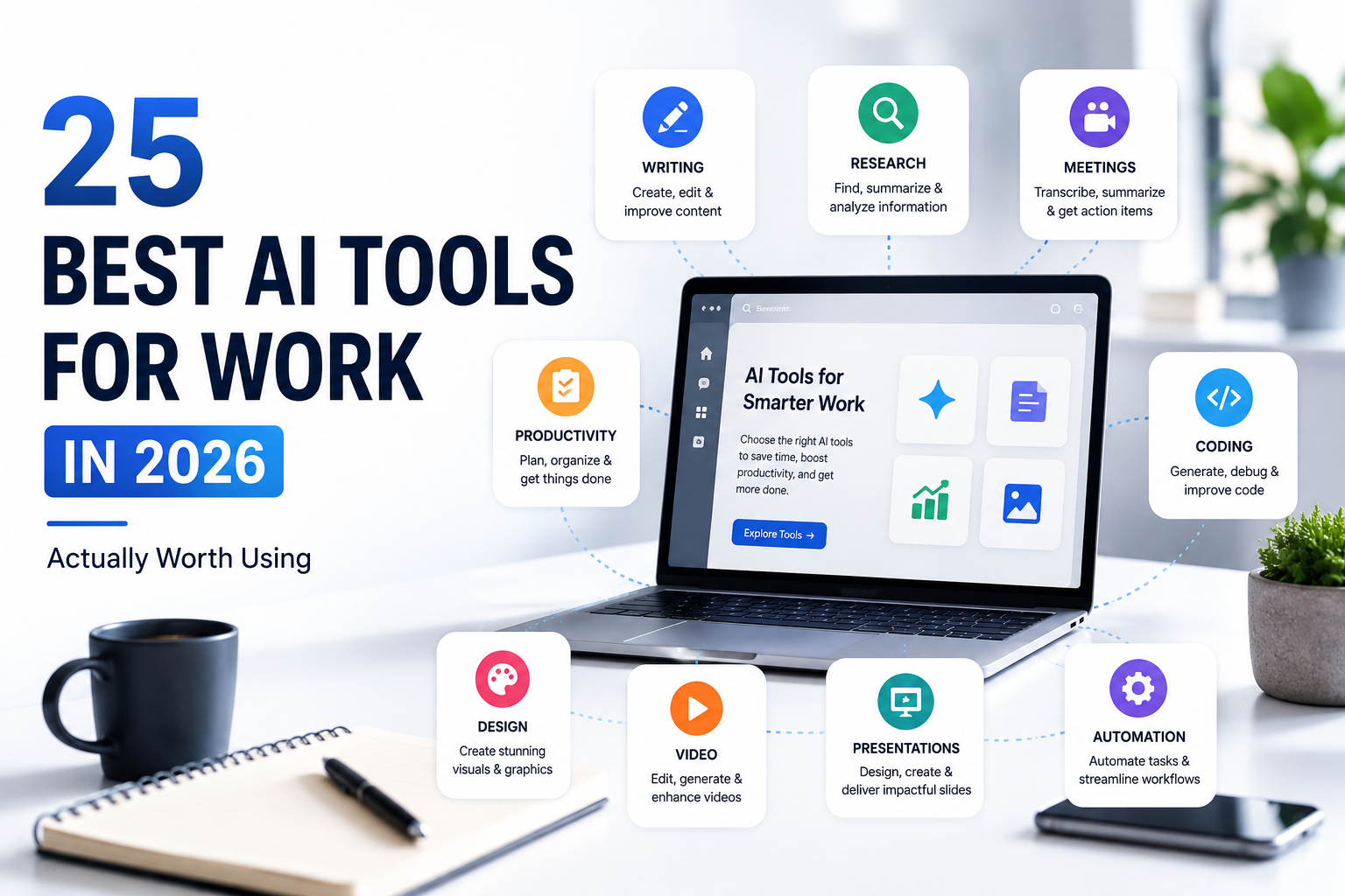 Editorial illustration showing the best AI tools for work in 2026 across writing, research, coding, meetings, design, automation, and productivity.