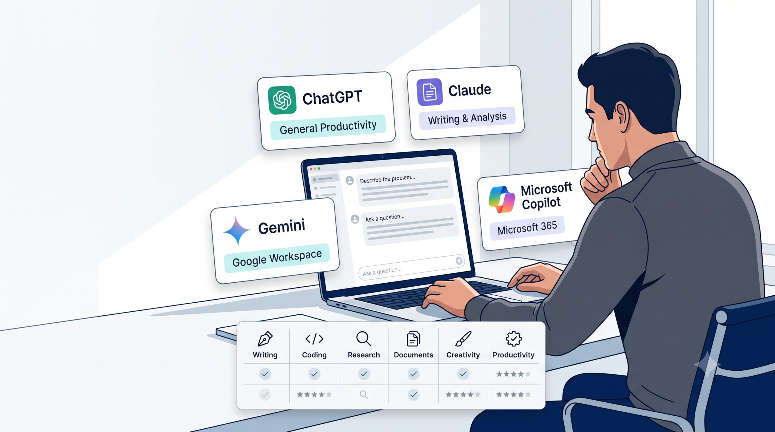 Comparison of ChatGPT, Claude, Gemini, and Microsoft Copilot to help professionals choose the best AI assistant for work.