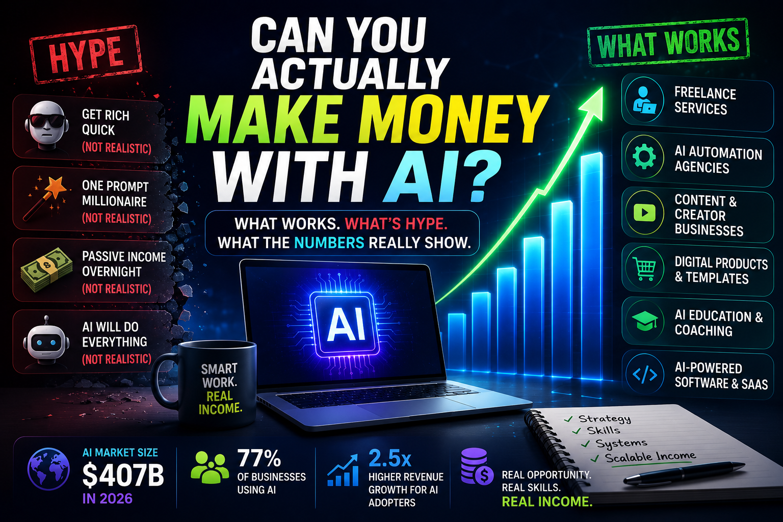 Featured illustration comparing realistic AI income opportunities with common online hype, showing sustainable business models, growth charts, and AI-powered work in 2026.