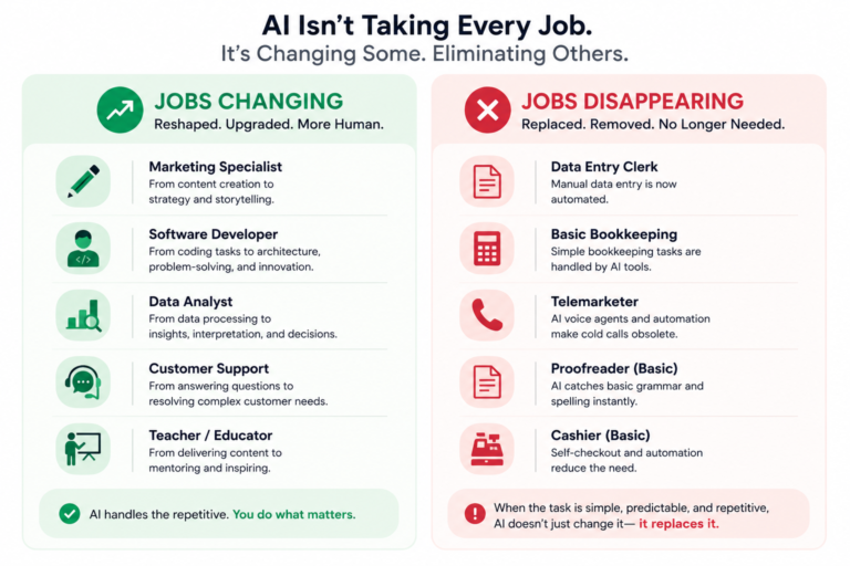 Split-screen infographic comparing jobs changing versus jobs disappearing due to AI. The left column highlights careers evolving with AI, while the right column shows repetitive roles increasingly automated, illustrating the difference between job transformation and job replacement.